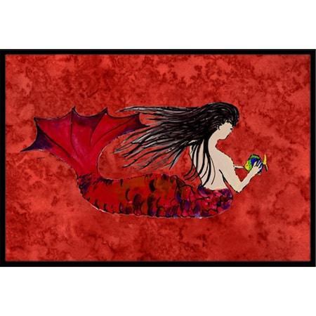 Carolines Treasures Black Haired Mermaid On Red Indoor and Outdoor Mat- 18 x 27 in. 8726MAT